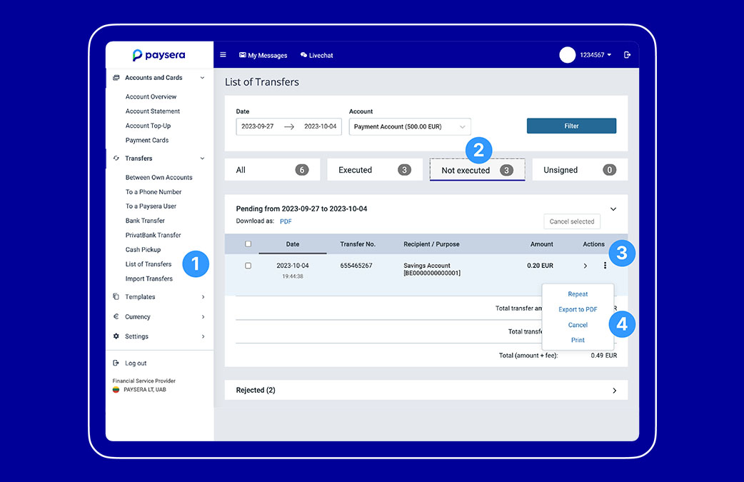 Paysera pervedimo atšaukimas