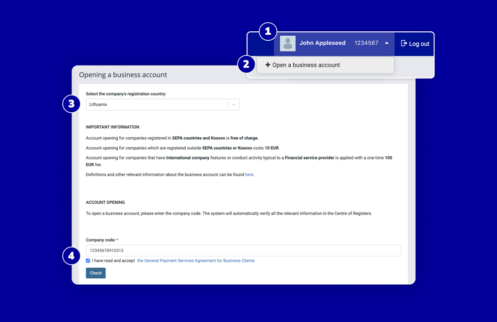 Steps to access a Paysera business account as a new company head using a browser