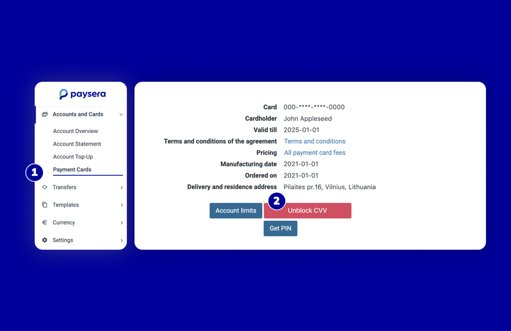 How to unblock the payment card CVV via the Paysera account using a web browser?