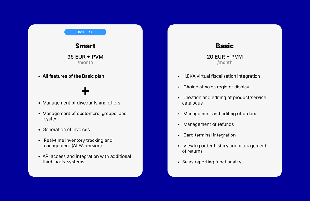 Prices and benefits of Paysera POS plans.