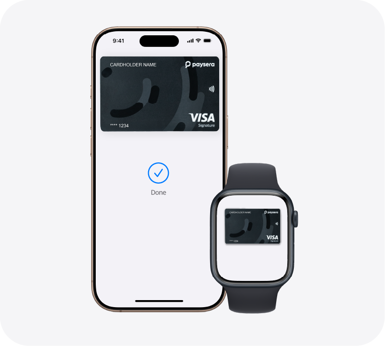 Apple Watch with Paysera Visa Signature Card on it