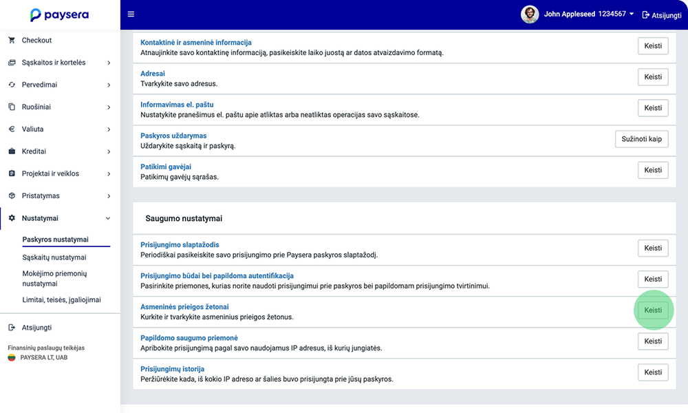 Paysera settings page screenshot with the Personal access tokens section highlighted.