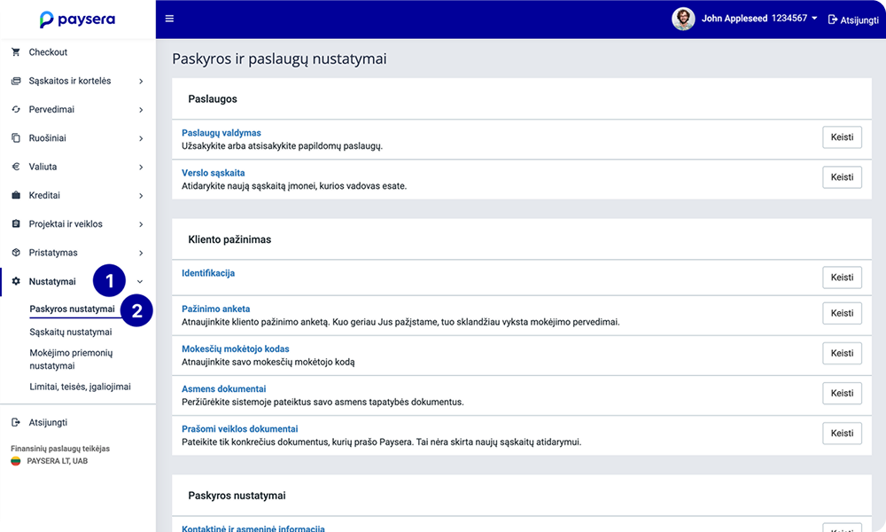 Paysera dashboard screenshot highlighting Profile Settings under the navigation menu.