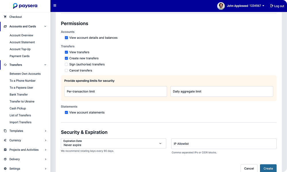 Paysera permissions configuration page screenshot displaying account checkboxes, transfer limits, and token expiration fields.