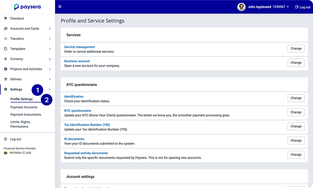 Paysera dashboard screenshot highlighting Profile Settings under the navigation menu.
